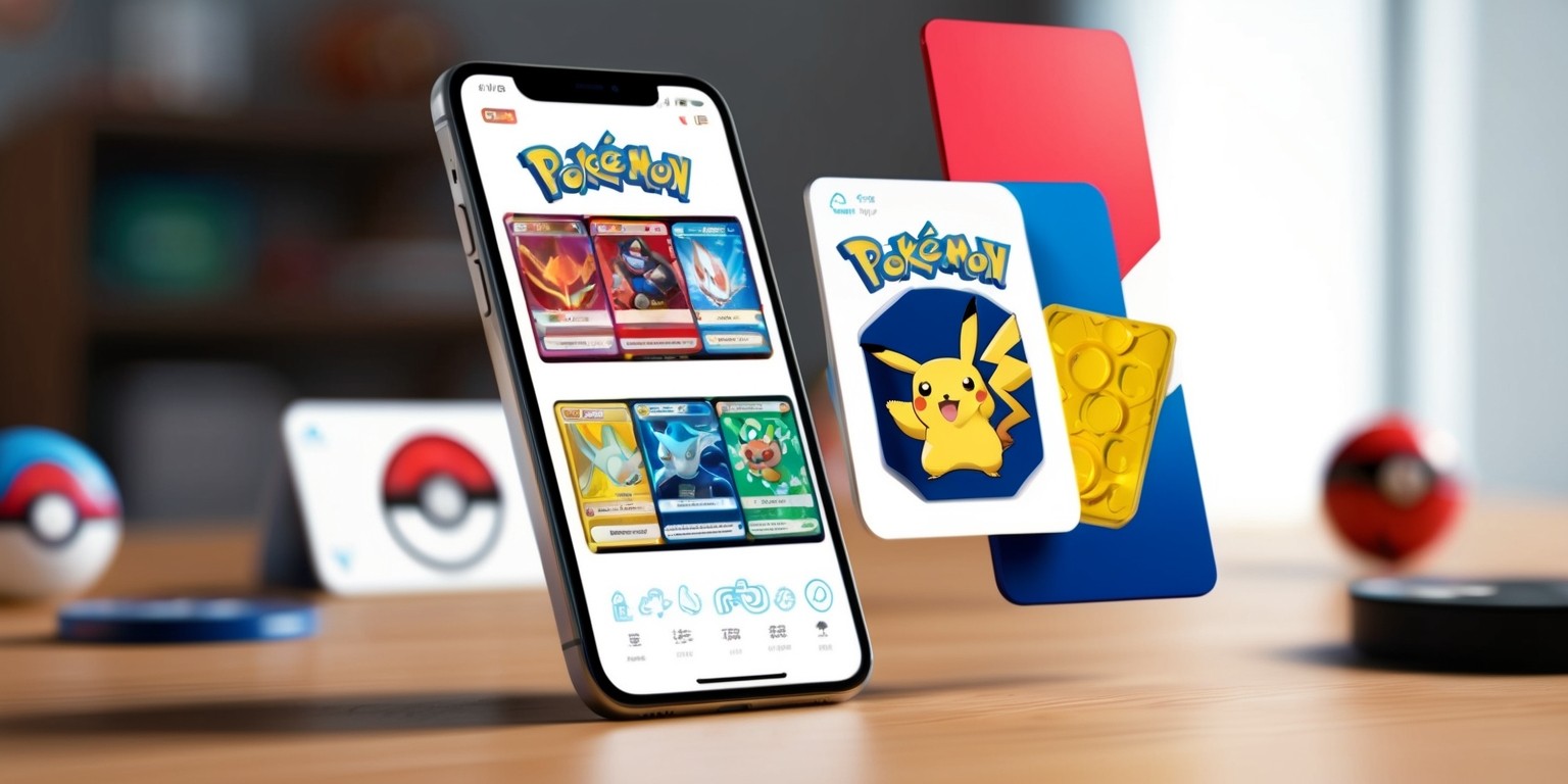 A modern, sleek smartphone screen displaying the Pokémon Trading Card Game Pocket app, with a clean and intuitive interface featuring a white background and bold, vibrant accents of red, blue, and yellow, reminiscent of the iconic Pokémon brand, showcasing a deck of digital trading cards with intricate illustrations of various Pokémon, such as Charizard, Pikachu, and Squirtle, alongside digital representations of booster packs, coins, and other in-app items, with a subtle gradient effect and soft drop shadows adding depth and dimension to the overall design, set against a blurred, out-of-focus background of a wooden desk or tabletop, with a few strategically placed Pokémon cards and accessories in the surrounding environment, evoking a sense of nostalgia and excitement for fans of the beloved franchise.