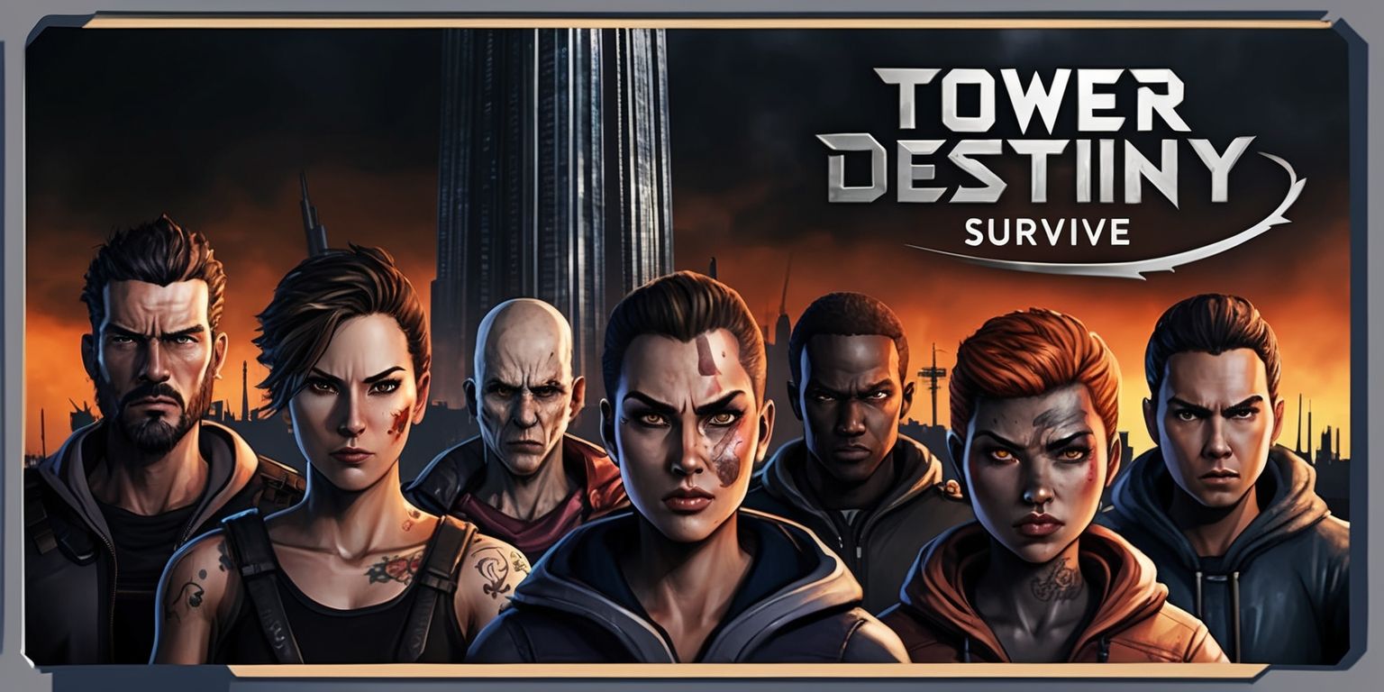 A dystopian-themed digital artwork depicting the core concept of the Tower Destiny Survive game, with a ominous skyscraper looming in the background, set against a dark and fiery orange sunset, and a group of survivors in the foreground, consisting of individuals with determined facial expressions, varying skin tones, and unique attributes such as scars, tattoos, and distinctive clothing, with the game's logo prominently displayed in bold, metallic letters at the top of the image, and the tagline Survival is Key written in a curved line above the survivors, in a stylized, futuristic font, with the entire scene framed by a thin, grey border, and a subtle gradient effect to give it a sense of depth and dimensionality.