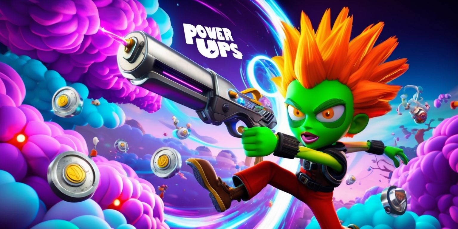 A vibrant and whimsical video game scene depicting a quirky hybrid shooter-platformer game, with a mix of futuristic and fantastical elements, set against a backdrop of swirling purple and blue clouds, featuring a protagonist with distinctive facial features, bright green skin, and wild orange hair, wielding a sleek metallic gun that doubles as a grappling hook, surrounded by floating enemies with glowing red eyes, and power-ups in the form of shimmering silver coins, with bold white fonts and neon-lit logos of the game's title and developer, all integrated into a dynamic composition with a sense of movement and energy, blending 2D and 3D graphics in a unique and captivating style.