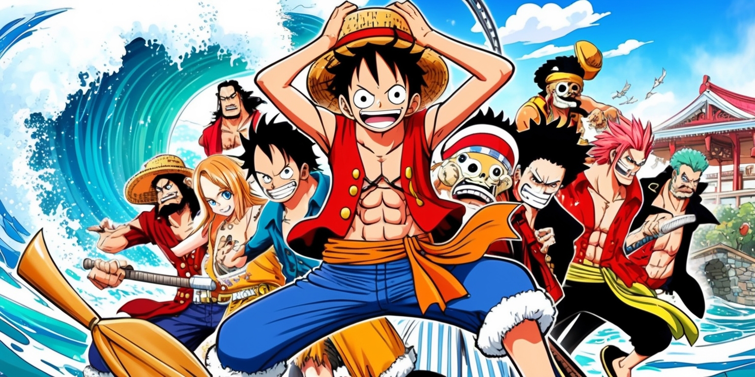 A vibrant and action-packed illustration of the One Piece manga, featuring Monkey D. Luffy, the main protagonist, in a dynamic pose, with his signature straw hat and red vest, surrounded by his crew, the Straw Hat Pirates, including Roronoa Zoro, Usopp, Sanji, Tony Tony Chopper, Nico Robin, Franky, and Brook, set against a colorful, oceanic backdrop with waves crashing in the distance, with hints of Japanese-inspired architecture and tropical vegetation, blending traditional and digital media styles, with bold lines, expressive facial features, and a mix of soft and vibrant colors, capturing the series' blend of adventure, humor, and fantasy.