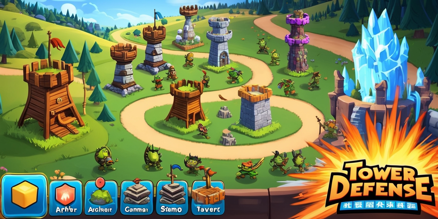 A digital illustration of a tower defense game scene, set in a vibrant fantasy world with rolling hills and dense forests, featuring a winding path with various towers and obstacles, including archer towers, cannon towers, and magical towers, each with unique designs and colors, such as brown wooden towers, grey stone towers, and blue icy towers, with monsters and creatures, like goblins, trolls, and dragons, approaching the towers, and a user interface with buttons, icons, and a minimap, displaying the game's progress, health points, and score, in a stylized, cartoonish style, with bold lines, bright colors, and dramatic lighting, and a sense of action and excitement, with explosions, fire, and smoke effects, and a large, bold font displaying the game's title and logo.