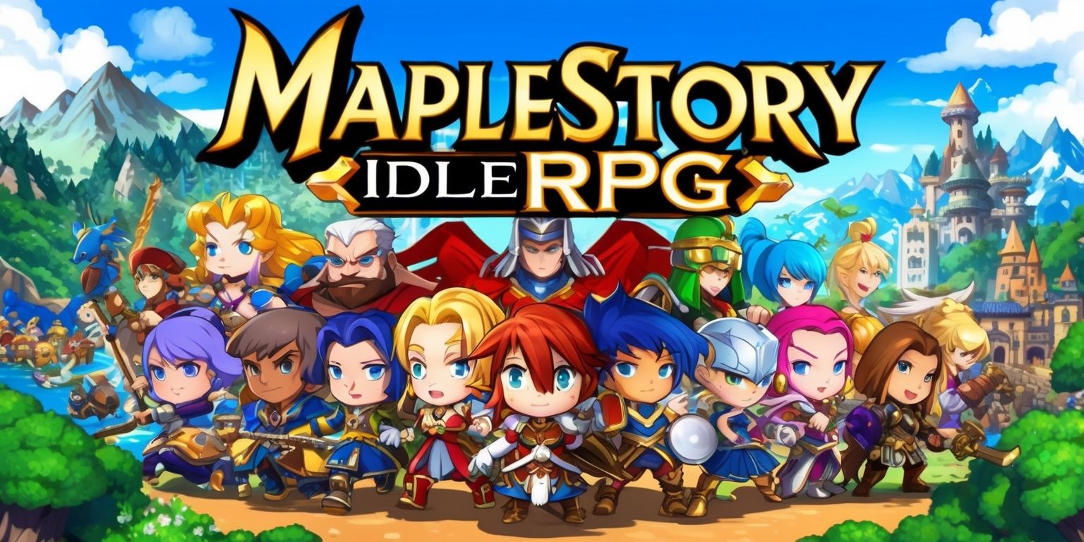 A vibrant digital illustration of the MapleStory Idle RPG game, featuring a variety of colorful characters with unique abilities and attributes, set against a stylized background of a fantasy world with lush green forests, majestic mountains, and bustling cities, with a mix of medieval and modern elements, and a bright blue sky with fluffy white clouds, the characters are designed in an anime style with exaggerated facial features, bright skin tones, and intricate details on their clothing and equipment, the overall style is reminiscent of a classic RPG game with a sense of adventure and excitement, the layout is dynamic with characters and objects overlapping each other, and the text MapleStory is prominently displayed in a bold, golden font with a distinctive logo.