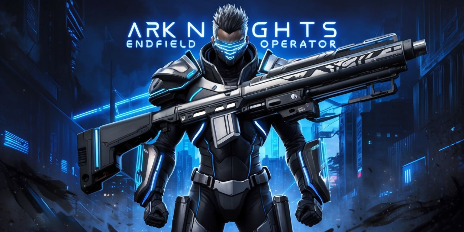 A highly detailed illustration of an Arknights Endfield operator, depicted in a futuristic urban setting with a dark and gritty tone, set against a backdrop of neon-lit cityscape at dusk, with the operator standing in the center, wearing a sleek black and silver costume adorned with metallic accents and glowing blue lines, their facial features obscured by a mask, with short, spiky hair and athletic physique, holding a large rifle with a distinctive design, with a cityscape reflection visible on their helmet, and the Arknights logo emblazoned on their chest in bold, metallic letters, with a sense of dynamic movement and energy emanating from the scene, and a color palette dominated by dark blues and greys, with accents of bright blue and neon green.