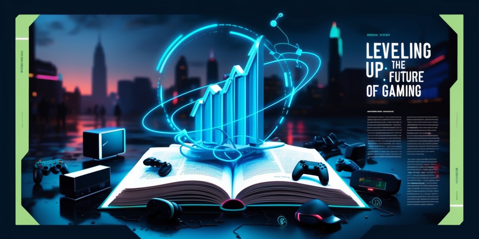 A futuristic illustration of a gaming industry analysis article, set against a dark blue background with neon green accents, featuring a stylized 3D graph rising from the pages of an open book, with glowing blue lines and data points orbiting around it, surrounded by scattered gaming consoles, VR headsets, and controllers, with a subtle glow of LED lights emanating from the devices, and in the background, a blurred cityscape at dusk with towering skyscrapers and neon lights reflecting off the wet pavement, with a faint image of a gamer in the shadows, with determined facial features, short brown hair, and a focused expression, wearing a black graphic t-shirt with a gaming logo on the sleeve, and the article's title in bold, metallic silver font, Leveling Up: The Future of Gaming, with smaller text excerpts and data visualizations scattered throughout the page, in a stylized, modern, and high-tech aesthetic.
