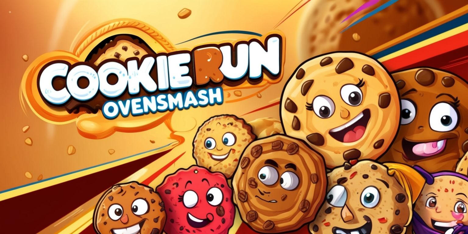 A vibrant and colorful digital illustration of the Cookie Run: OvenSmash game, featuring a variety of cookie characters with distinct facial features and expressive personalities, set against a warm and inviting background with golden hues and soft textures, with bold lines and dynamic compositions, and incorporating the game's logo in a modern, sans-serif font with bright colors and sleek design elements, highlighting the game's energetic and playful atmosphere.
