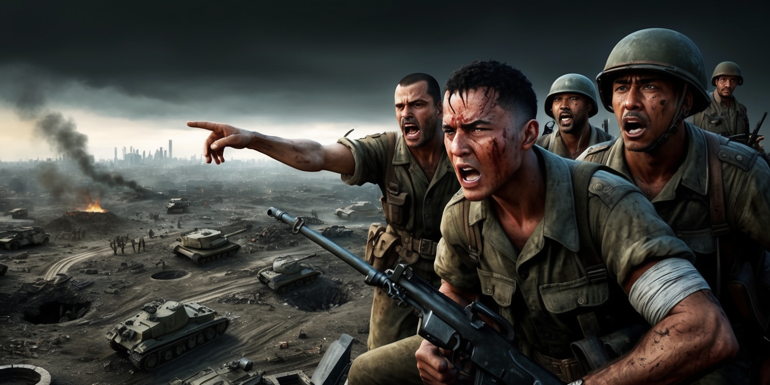 A dramatic, high-angle view of a war-torn battlefield, set against a backdrop of a dimly lit, overcast sky with subtle hints of orange and yellow hues, evoking a sense of urgency and chaos. The terrain is scarred, with craters, debris, and destroyed military vehicles littering the landscape. The focal point is a group of soldiers, dressed in worn, earth-toned fatigues, their faces weathered, with sweat-drenched skin and exhausted expressions. One soldier, with a distinctive scar above his left eyebrow, gestures urgently towards the horizon, while another soldier, with a bandaged arm, provides cover with a rifle. In the distance, the faint outline of a ruined cityscape looms, with smoke billowing into the air. The scene is rendered in a realistic style, with intricate details, textures, and shading, conveying a sense of intensity and desperation.