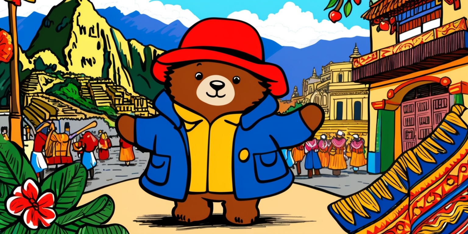 A vibrant and colorful illustration depicting Paddington Bear, the beloved character from the popular children's book series, standing in front of a traditional Peruvian backdrop, such as a Machu Picchu-inspired landscape or a bustling marketplace in Lima. Paddington is dressed in his iconic blue duffle coat and red hat, looking curious and excited as he takes in the sights and sounds of his new surroundings. The image is rich in cultural details, with Peruvian textiles, architecture, and local flora and fauna incorporated into the scene. The color palette is bright and bold, with a mix of earthy tones and vibrant hues that evoke the warmth and energy of Peruvian culture. The illustration style is whimsical and expressive, with bold lines and textures that bring the characters and environment to life.