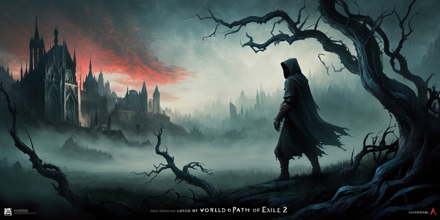 A hauntingly beautiful, dark-fantasy landscape depicting the foreboding world of Path of Exile 2, with a mix of gothic and medieval-inspired architecture in the distance, set against a backdrop of a twisted, crimson-hued sky. In the foreground, a lone, cloaked figure stands at the edge of a mist-shrouded forest, gazing out at the viewer with an air of determination, their face obscured by a hood. The atmosphere is heavy with an sense of foreboding, with twisted, gnarled tree branches reaching towards the figure like skeletal fingers. The color palette is predominantly dark, with muted greens, blues, and grays, accented by splashes of eerie, otherworldly lighting. The overall style is a blend of realistic and stylized, with bold brushstrokes and textures reminiscent of a heavily weathered, ancient tome.