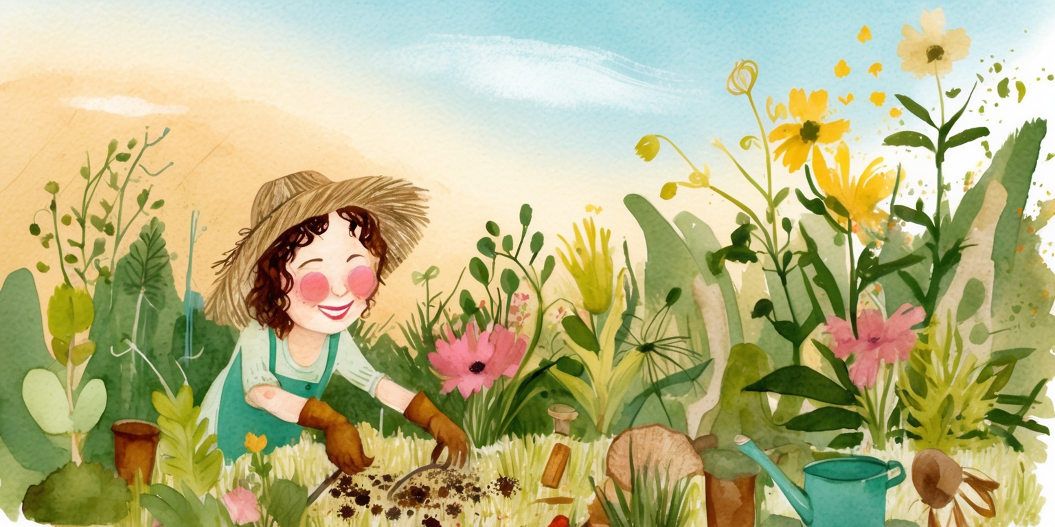 A serene and vibrant illustration of a gardener tending to a lush, thriving garden, surrounded by various tools and plants, with a warm, golden light casting a sense of tranquility, set against a soft, gradient blue sky with a few wispy clouds, the entire scene rendered in a whimsical, watercolor style with bold brushstrokes and delicate textures, incorporating earthy tones of green, brown, and beige, with splashes of vibrant flowers in shades of pink, yellow, and orange, the gardener's face filled with a sense of joy and accomplishment, with a few loose strands of curly brown hair framing their rosy, freckled complexion, wearing a worn, straw sun hat and a pair of worn, earthy-toned gloves.