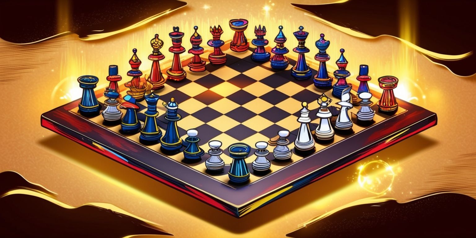 A vibrant and dynamic illustration of a Magic Chess board with pieces inspired by the strategic Go game, set against a warm and inviting background with a mix of golden and dark brown hues, the chess pieces are designed with intricate details and colorful accents, the Go stones are arranged in a competitive layout, surrounded by subtle magical glow effects, the overall style is a fusion of traditional and fantasy elements, with bold lines and textures, the lighting is soft and warm, with a slight glow on the chess pieces, the atmosphere is one of intense focus and competition, with a sense of magic and wonder.