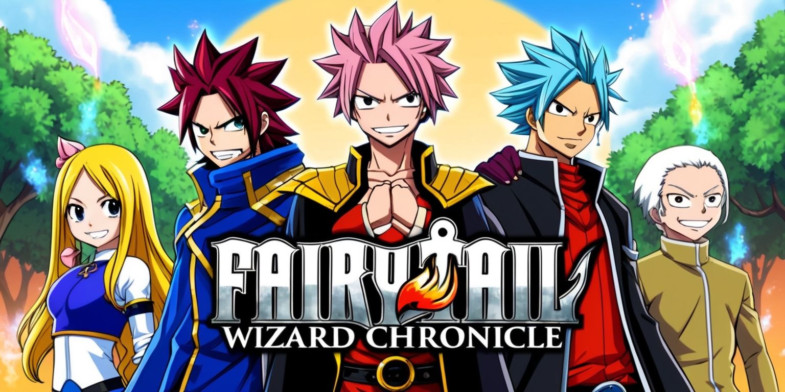 A vibrant illustration of the Fairy Tail: Wizard Chronicle game, featuring a V-shaped formation of characters from the series, including Natsu, Lucy, Erza, Gray, and Happy, with intricate details on their clothing and magical effects, set against a warm, sunset-colored background with lush green trees and a bright blue sky, the characters' facial expressions showcasing their unique personalities, with Natsu's fierce determination, Lucy's gentle smile, Erza's confident stance, Gray's calm demeanor, and Happy's cheerful grin, the Fairy Tail guild mark prominently displayed in bold, silver letters with a flame emblem, surrounded by subtle, shimmering magical dust and soft, white clouds.