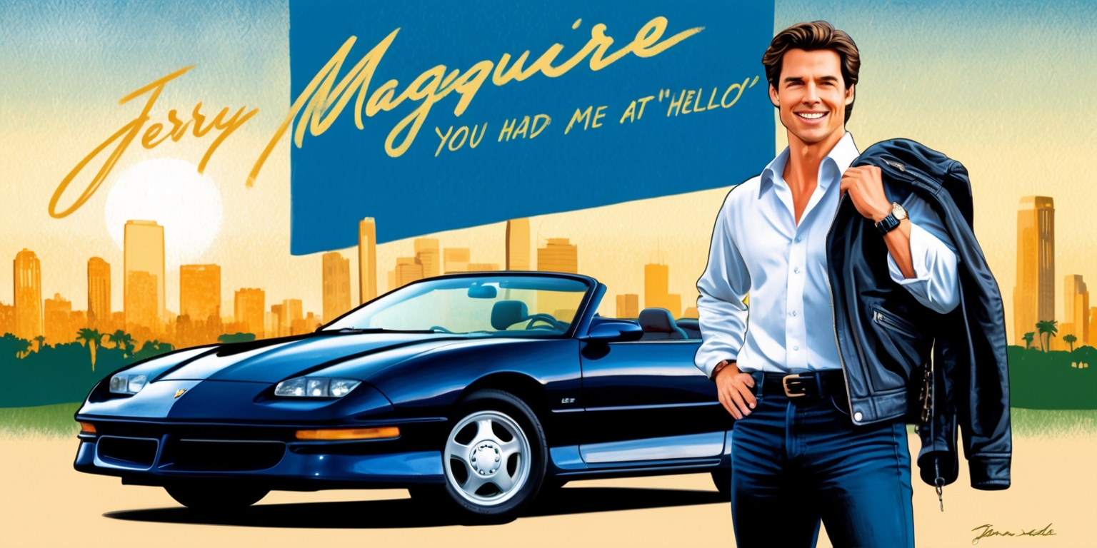 A vibrant and nostalgic illustration depicting a scene from the iconic 1996 film Jerry Maguire, with Tom Cruise as the titular character standing triumphantly in front of a sleek, dark blue 1995 Pontiac Firebird, parked in front of a sun-kissed Los Angeles cityscape, with a subtle warm glow emanating from the setting sun, capturing the essence of the film's themes of sports, love, and self-discovery, with bold brushstrokes and dynamic lines, blending realism with a touch of romanticism, infused with a sense of nostalgia and Americana, featuring a color palette of deep blues, golden yellows, and rich greens, accentuating the golden age of Hollywood, with Cruise's confident facial expression, chiseled features, and bright blue eyes shining with conviction, wearing a crisp white shirt, dark blue jeans, and a leather jacket slung over his shoulder, with the faint outline of the film's iconic You had me at 'hello' quote subtly integrated into the background, in a stylized, bold font.