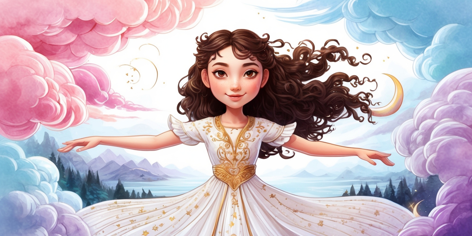 A vibrant, whimsical illustration of Nikki, the protagonist from the Infinity Nikki game, surrounded by swirling clouds of pastel pink, blue, and purple hues, with delicate, intricate line work reminiscent of traditional Asian watercolor painting. Nikki's facial features are expressive, with bright, shining eyes, a small nose, and a gentle, enigmatic smile, her long, curly brown hair flowing behind her like a celestial aura. She wears a flowing white dress with intricate, golden embroidery, adorned with tiny, shimmering stars and crescent moons, her slender arms outstretched to the sides as if embracing the infinite possibilities around her. In the background, subtle, dreamy landscapes of mountains, forests, and oceans blur and fade into infinity, with subtle, shimmering highlights that evoke a sense of wonder and magic. The overall style is a mix of fantasy, adventure, and surrealism, with bold, vibrant colors and delicate, ethereal textures.