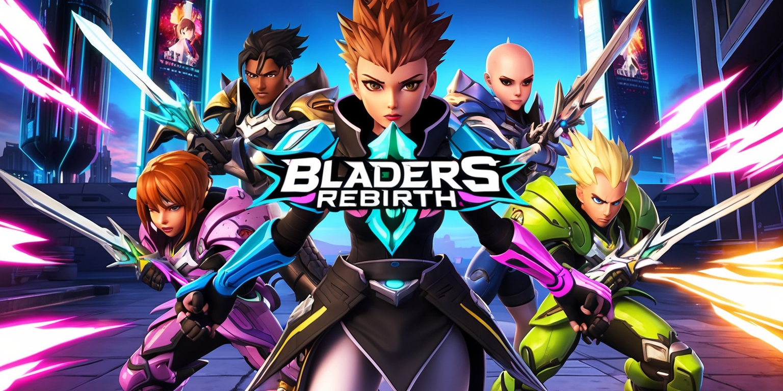 A futuristic, high-energy illustration of a fictional game titled Bladers Rebirth, set against a vibrant, neon-lit cityscape at dusk, with sleek, metallic skyscrapers and holographic advertisements floating in the air. In the foreground, a group of diverse, dynamic characters clad in advanced, high-tech armor, each with unique blades and energetic auras, pose heroically, ready for battle. The characters' facial features are sharp, with defined skin tones ranging from warm golden brown to porcelain doll-like complexions. One character, a female with short, spiky hair and piercing emerald eyes, stands at the center, her armor emblazoned with the Bladers Rebirth logo in bold, metallic silver lettering. The color palette is a fusion of electric blues, hot pinks, and lime greens, with flashes of orange and yellow, evoking a sense of intense action and rebirth. The illustration style blends 2D anime and 3D CGI elements, with bold lines, dynamic poses, and intricate textures.