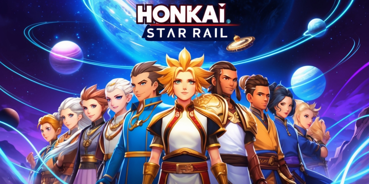 A vivid digital illustration of the Honkai: Star Rail game, depicting a fantastical, celestial-inspired landscape with shimmering stars and planets in the background, set against a deep blue and purple hues. In the foreground, a group of charismatic characters from the game stand united, each with unique attire, hairstyle, and facial features, showcasing a blend of futuristic and ancient elements in their design. The characters' skin tones range from porcelain-like complexions to warm, golden hues. The atmosphere is filled with a sense of adventure and exploration, with subtle, glowing luminescent trails and wispy clouds adding to the dreamy quality of the scene. The illustration style is a mix of anime and sci-fi elements, with bold lines, vibrant colors, and intricate details. The composition is dynamic, with the characters placed in a circular formation, as if ready to embark on a journey through the cosmos.