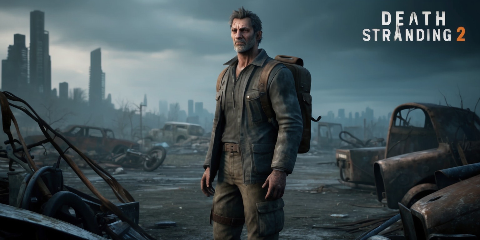 A hauntingly beautiful, post-apocalyptic landscape with a somber-toned atmosphere, set in a world ravaged by supernatural events, as depicted in the Death Stranding 2 game. A worn, rugged figure, likely protagonist Sam Porter Bridges, stands in the center, donning a worn leather jacket, cargo pants, and a porter's backpack, with a subtle, introspective expression on his weathered face, adorned with a few days' worth of stubble. His striking, piercing eyes gaze off into the distance, conveying a sense of determination and weariness. In the background, a sprawling, abandoned cityscape stretches towards the horizon, with crumbling skyscrapers, rusting vehicles, and twisted, metallic debris scattered about. The color palette is muted, with shades of grey, blue, and brown dominating the scene, evoking a sense of desolation and melancholy. The overall style is a mix of realistic, cinematic, and atmospheric, with subtle, eerie lighting effects.