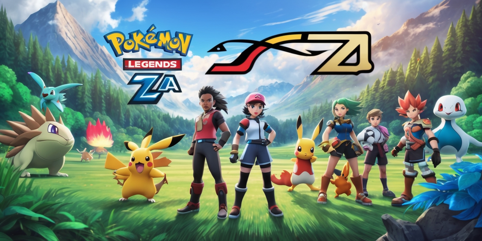 A vibrant and dynamic illustration of the Pokémon Legends: Z-A game, featuring a detailed and realistic scenery with lush green forests, majestic mountains, and a vast open sky, showcasing various Pokémon roaming freely in their natural habitats, with a few trainers and their partner Pokémon standing heroically in the foreground, the trainers having unique facial features, varied skin tones, and distinctive clothing, the Pokémon displaying their iconic characteristics, colors, and textures, with the game's logo prominently displayed in a bold, modern font, with the words Pokémon Legends: Z-A written in a curved line above a stylized letter Z and letter A, the logo and text incorporating a mix of earthy tones and bright, vivid colors, blending seamlessly into the background, with the entire scene exuding a sense of adventure, exploration, and excitement.