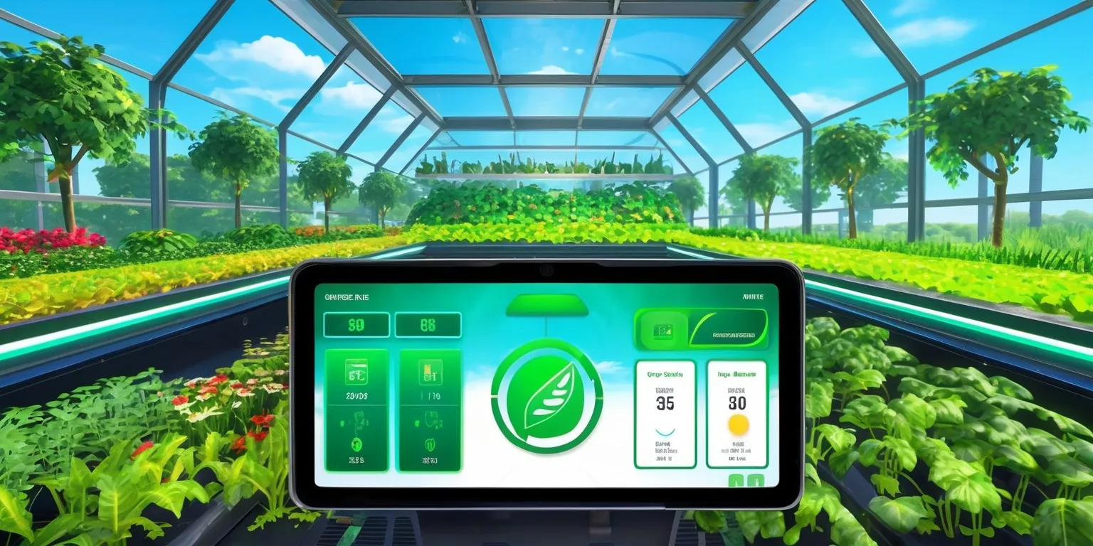 A futuristic vertical farming simulation game scene with a large glass-enclosed farm in the background, featuring lush green plants and trees, with a variety of crops and flowers, and a clear blue sky above, a user interface with buttons and menus is displayed on a large screen in the foreground, showing the game's controls and stats, including temperature, humidity, and crop growth, the UI has a sleek and modern design with a green and blue color scheme, the overall atmosphere is bright and vibrant, with a sense of innovation and sustainability, the farm's interior is well-lit with natural light pouring in through the glass walls, and the game's logo is displayed prominently on the screen in a bold and futuristic font.
