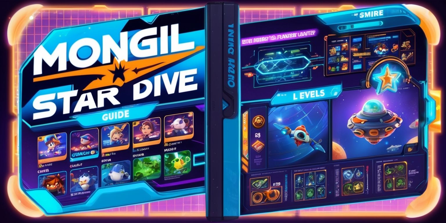 A detailed digital illustration of a game guide for Mongil Star Dive, featuring a vibrant blue and purple background with neon accents, showcasing various game characters and levels in a dynamic layout, with bold white and orange text highlighting key gameplay elements, including a large stylized font title Mongil Star Dive at the top, and a series of colorful icons and diagrams throughout, set against a subtle grid pattern with rounded edges and a soft glow effect, incorporating a mix of futuristic and celestial elements, such as stars, planets, and spaceships, with a sense of depth and dimensionality, and a overall futuristic and adventurous aesthetic.
