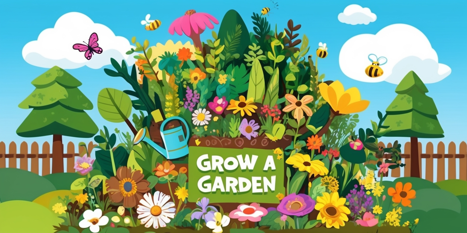 A whimsical illustration of a vibrant garden filled with diverse flowers, lush greenery, and towering trees, set against a clear blue sky with fluffy white clouds, for the Grow a Garden game, featuring a prominent gardening tool such as a watering can or a shovel, with a few colorful butterflies and busy bees flying around, and a subtle wooden fence in the background, with a mix of 3D and 2D elements, incorporating earthy tones of brown, green, and beige, with accents of bright pink, yellow, and purple, in a playful and stylized manner, with bold lines and textures, and a sense of depth and dimensionality.