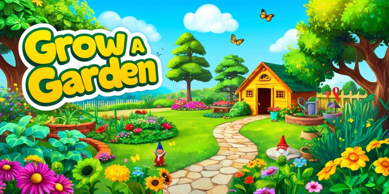 A colorful digital illustration of a whimsical garden landscape for the Grow a Garden game, featuring vibrant green plants, blooming flowers of various colors, and towering trees with lush foliage, set against a clear blue sky with fluffy white clouds, with a winding stone path leading to a bright and cozy garden shed in the distance, surrounded by gardening tools and utensils, with a few playful garden gnomes and butterflies scattered throughout the scene, and a prominent game logo in a bold, curly font with the words Grow a Garden written in a bright, sunshine yellow color, with the overall style resembling a mix of watercolor and digital painting, and a sense of warmth and serenity emanating from the entire image.