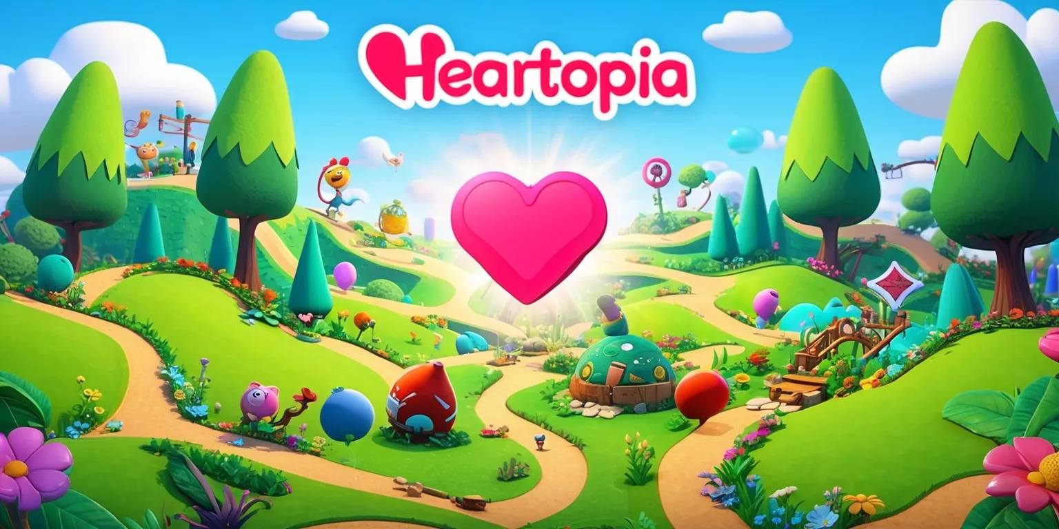 A vibrant and whimsical digital illustration of the Heartopia game, featuring a lush green landscape with rolling hills and towering trees, set against a clear blue sky with fluffy white clouds, with various game elements such as colorful characters, obstacles, and power-ups scattered throughout the scene, including a prominent heart-shaped icon at the center, surrounded by winding paths and vibrant flowers, with a mix of soft and bold lines, textures, and patterns, and a overall warm and inviting atmosphere, with the game's logo, a stylized heart symbol with rounded edges and a bright pink color, placed prominently at the top of the image.