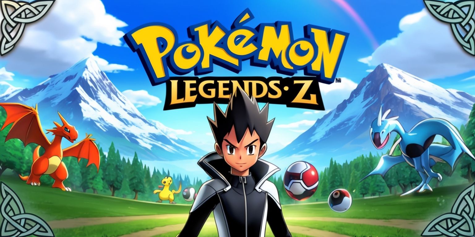 A vibrant and dynamic illustration of the Pokémon Legends: Z-A game, featuring a stylized logo with bold, golden lettering and a metallic sheen, set against a backdrop of lush, green forests and majestic, snow-capped mountains, with a few iconic Pokémon roaming freely in the distance, including a proud, fiery Charizard and a swift, blue Zapdos, under a bright, blue sky with puffy, white clouds, and in the foreground, a young, adventurous trainer with short, spiky hair and a determined expression, wearing a sleek, black and silver outfit, with a few Poké Balls and a trusty Pokedex by their side, surrounded by subtle, glowing accents and intricate, Celtic-inspired patterns that reflect the game's unique art style and fantasy elements.