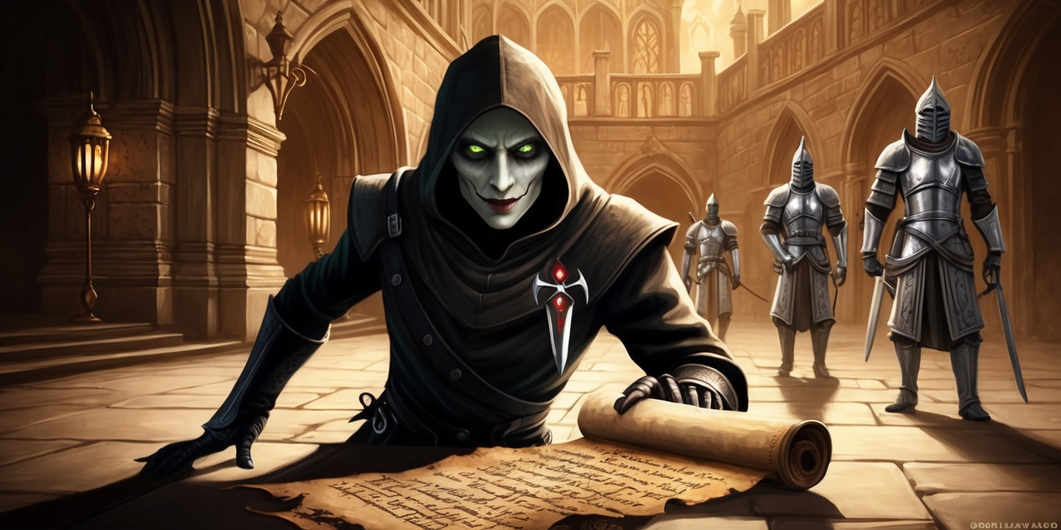 A dimly lit, sepia-toned illustration of a hooded figure, with pale skin and piercing green eyes, sneaking through the shadows of a grand, stone-walled courtyard in Cyrodiil, with intricate Gothic architecture and ornate lanterns casting a warm, golden glow. The Thieves Guild emblem, a stylized, curved dagger with a crimson gemstone, is embroidered on the figure's dark, leather cloak. In the background, heavily armed guards, clad in polished silver armor, stand vigilant, unaware of the stealthy operative's proximity. A worn, parchment scroll, adorned with intricate calligraphy and illuminations, lies crumpled on the ground, hinting at the complex, narrative-driven quest unfolding in the world of Elder Scrolls IV: Oblivion.