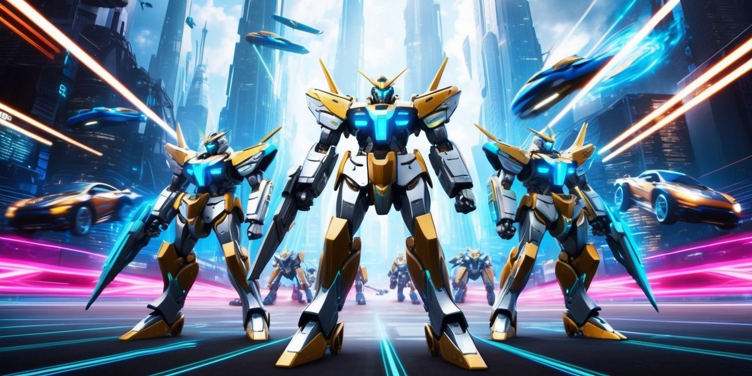 A futuristic mecha game scene with sleek and shiny metallic robots standing tall in the center, set against a backdrop of a sprawling neon-lit cityscape with towering skyscrapers and flying cars zipping by, the mecha machines are adorned with glowing blue circuits and sharp angular lines, with a bold and vibrant color palette dominated by shades of silver, gold, and electric blue, the overall style is a mix of sci-fi and anime elements with dynamic lighting and bold typography, the layout is action-packed with the mechas positioned in the foreground and the cityscape blurred in the background, every detail is meticulously crafted to create a sense of high-tech wonder and excitement.