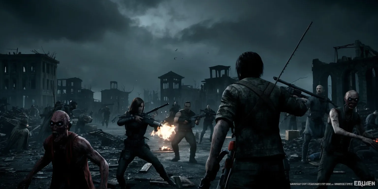 A dark and ominous scene from the Resident Evil Requiem game, featuring a haunting atmosphere with muted colors, set in a dimly lit abandoned cityscape with ruins and debris scattered everywhere, the sky is a deep foreboding grey, main characters are shown fighting for survival against hordes of undead, with a focus on dramatic lighting and intense action, the characters have determined facial expressions, wearing tattered and worn-out clothing, and wielding an arsenal of weapons to fend off the undead threat, in the foreground a few undead creatures are shown with grotesque details and sinister demeanor, the overall mood is one of desperation and horror, with a sense of urgency and chaos.