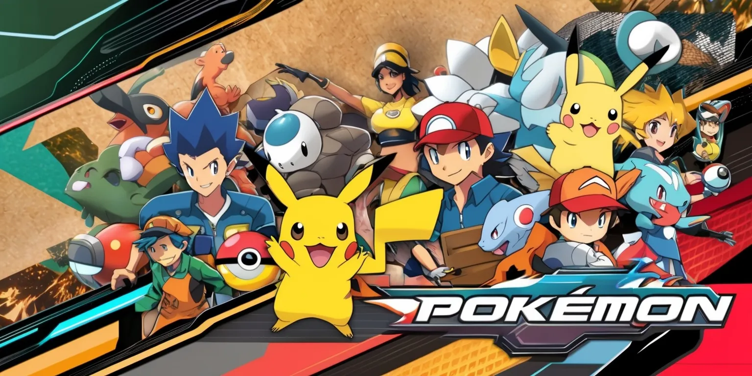 A vibrant and detailed illustration of a Pokémon game scene, featuring a variety of iconic characters and elements from the franchise, with a mix of digital and graphical styles, set against a dynamic background that blends earthy tones with bright, bold colors, and includes various textures and visual effects, with the Pokémon and their trainers displayed in a dynamic layout, showcasing their unique facial features, skin colors, and distinctive attributes, and incorporating stylized text and logos in a modern, futuristic font with sleek lines and bold shapes, in a full-color palette with a balance of light and dark shading to create depth and visual interest.