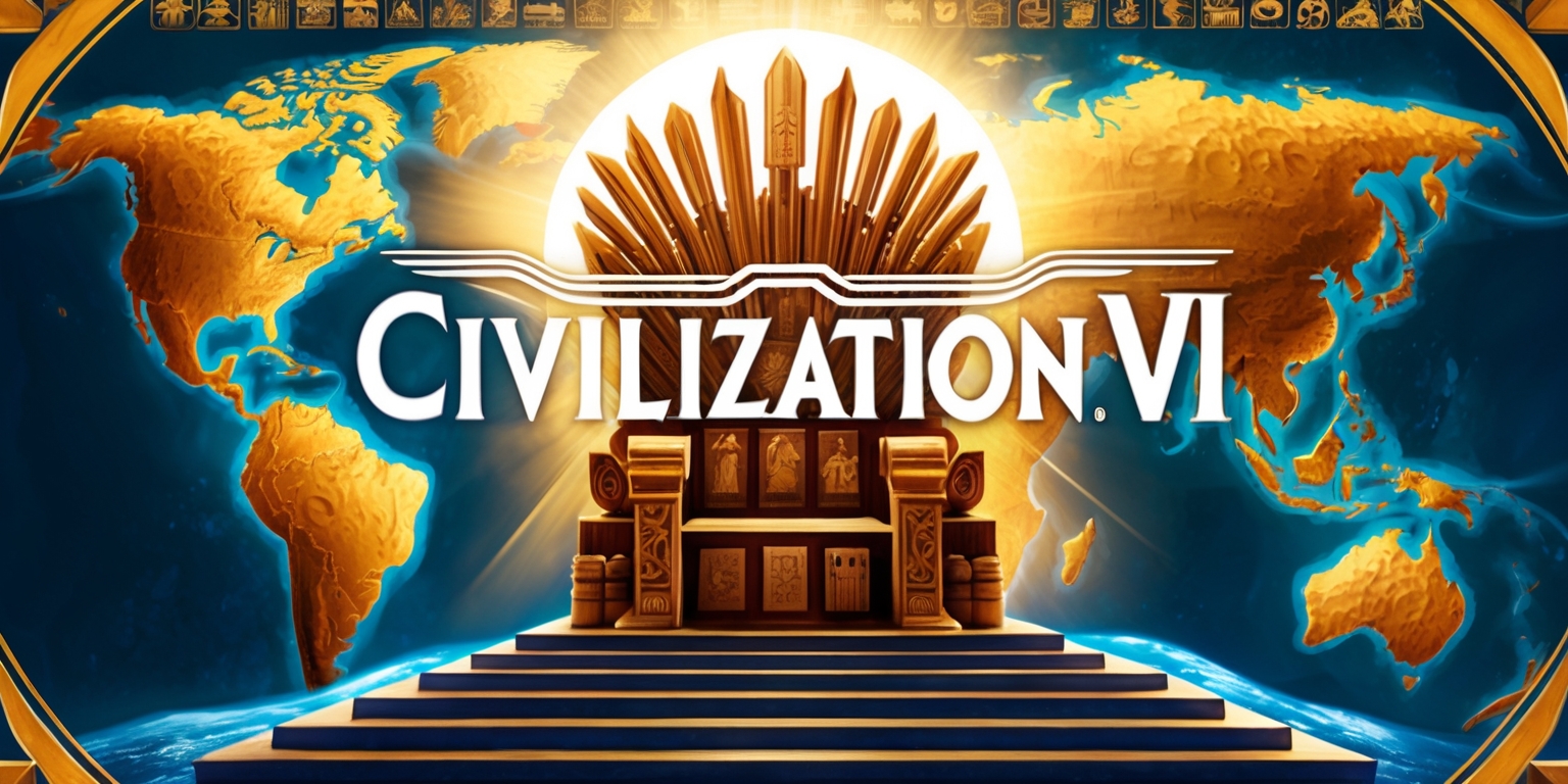 A sweeping, majestic illustration of the Civilization VII game, set against a backdrop of a stylized, golden-hued world map, with intricately designed continents and oceans. In the foreground, a regal, ornate throne sits atop a pedestal, adorned with symbols of ancient civilizations, surrounded by a halo of light. The game's logo, emblazoned in bold, modern fonts, takes center stage, with stylized, curved lines and geometric shapes radiating from it, evoking a sense of progression and advancement. The color palette is a rich blend of earthy tones, with warm golden hues, deep blues, and rich greens, conveying a sense of history, power, and discovery. The overall style is a blend of modern digital art and traditional, hand-crafted illustration, with bold lines, vibrant colors, and meticulous attention to detail.