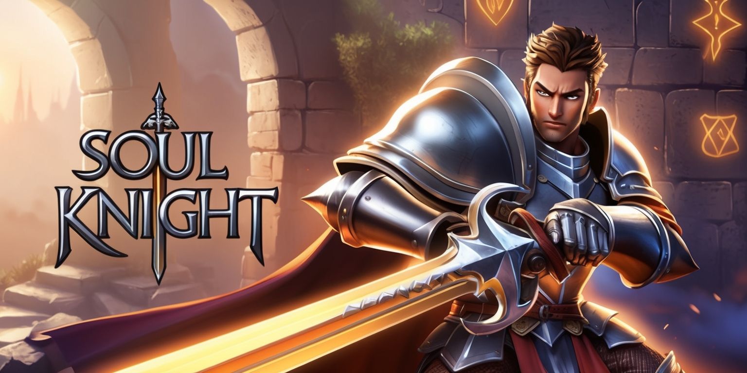 A detailed illustration of the Soul Knight game, featuring a heroic knight character with a determined expression, wearing shiny metallic armor and wielding a glowing sword, set against a mystical background with ancient stone walls, mysterious glowing runes, and a subtle fog effect, with a warm color palette and soft lighting, the knight's facial features are strong and brave, with a focused gaze, and the overall style is reminiscent of a fantasy role-playing game, with intricate textures and detailed environments, the image is rendered in a vibrant and immersive style, with the game's logo subtly integrated into the design, in a bold and modern font with a metallic sheen.